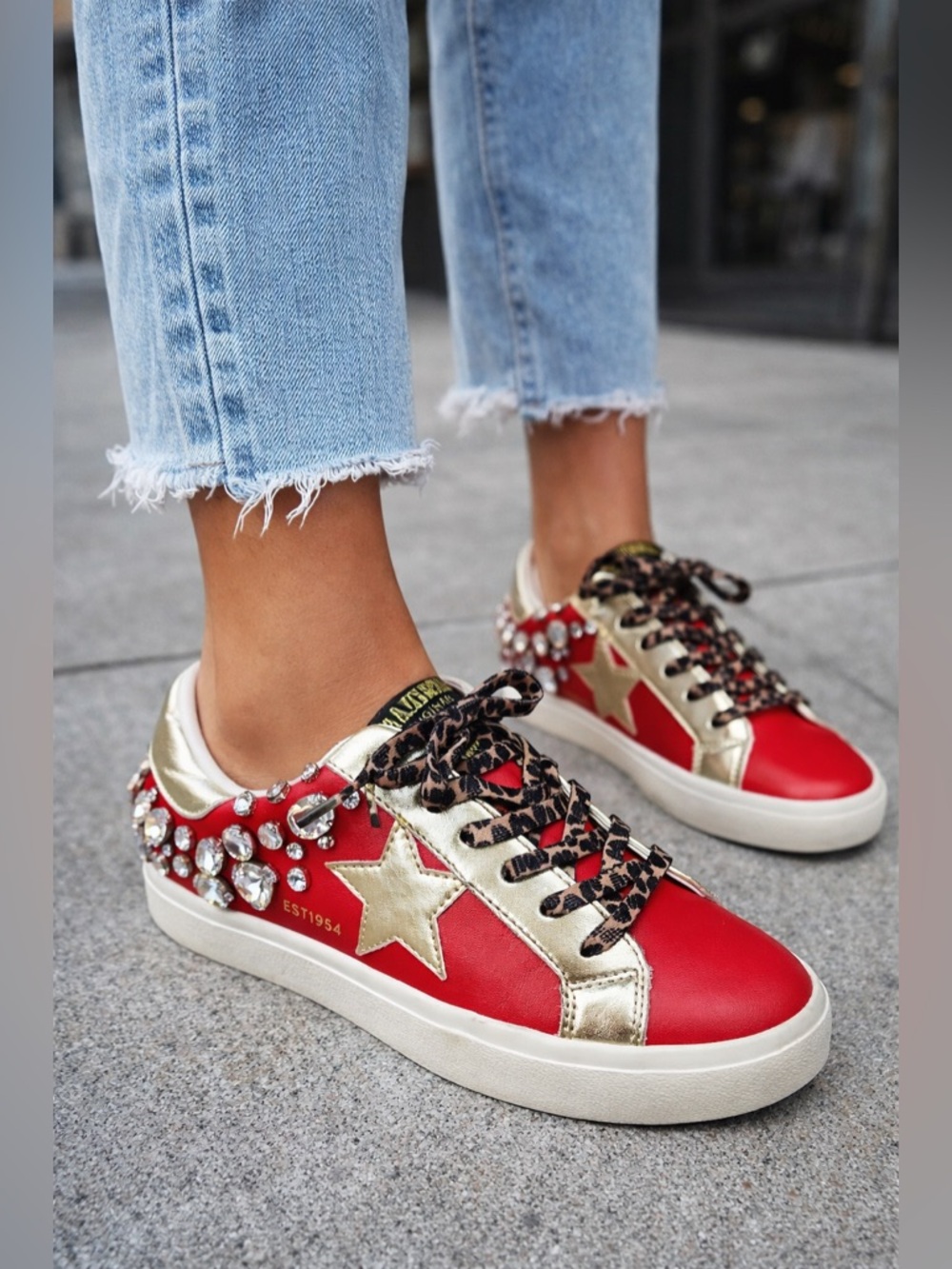 Vintage Havana x Walker Rose Crystal Sneakers Red Gold Star Leopard Lace NIB 6.5 - Picture 8 of 8
